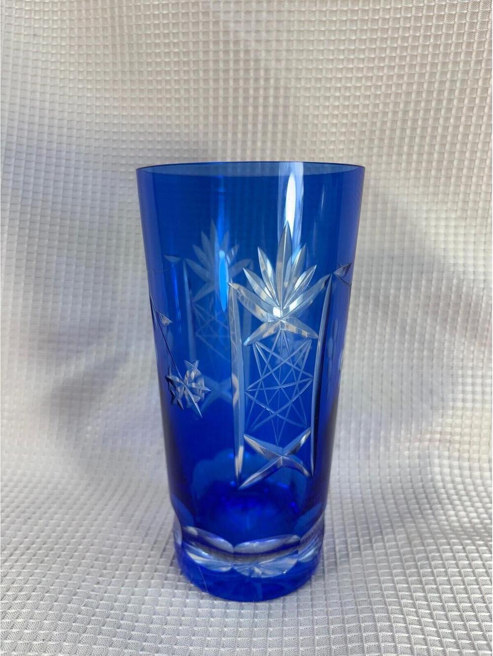 168 - Japanese Edo Kiriko blue cut crystal glass starburst and leaf patterns
